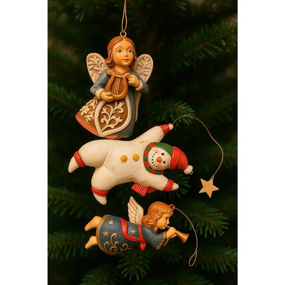 Unbranded Other - Lot 3 Vintage Christmas Ornaments Angels & Snowman Resin Hand Painted Ornaments